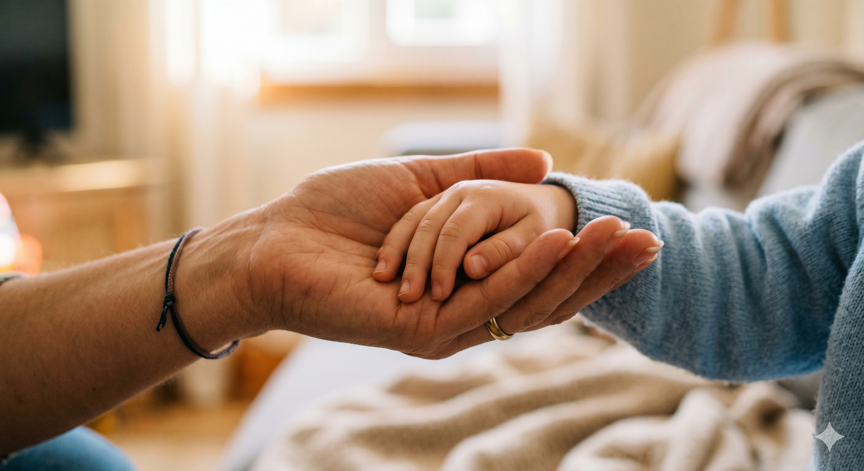 Main d'adulte tenant délicatement la main d'un enfant, moment de confiance et de douceur