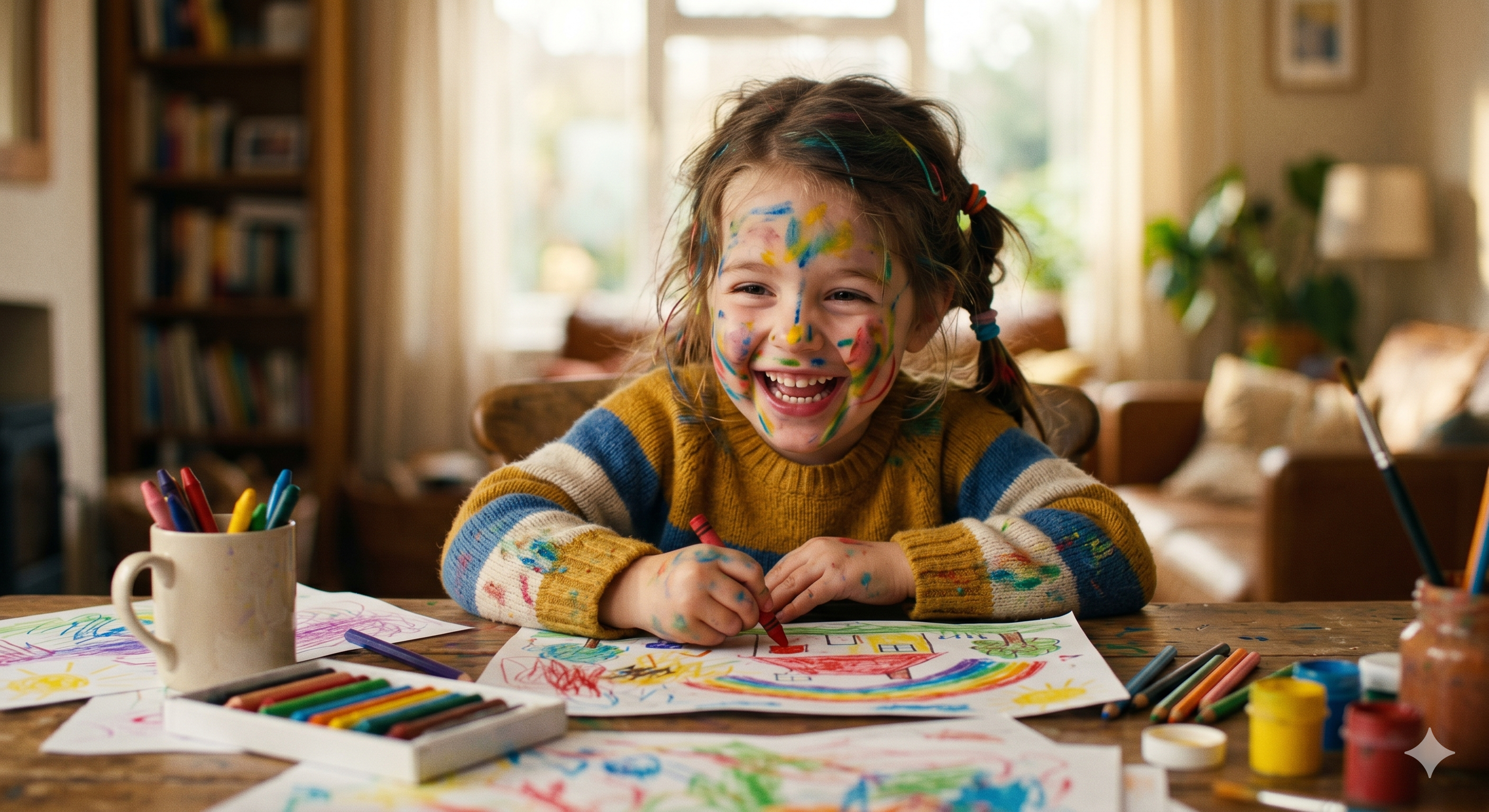 Enfant souriante peignant dans un cadre ludique et bienveillant